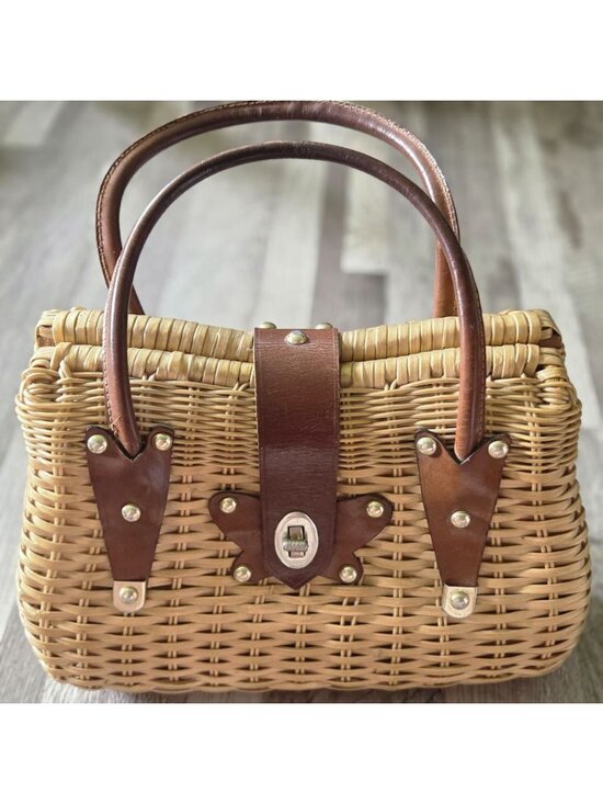 Goldeco Handbags - Goldeco Vintage 1960s Wicker Basket Handbag Leather Trim Top Handle Box Purse